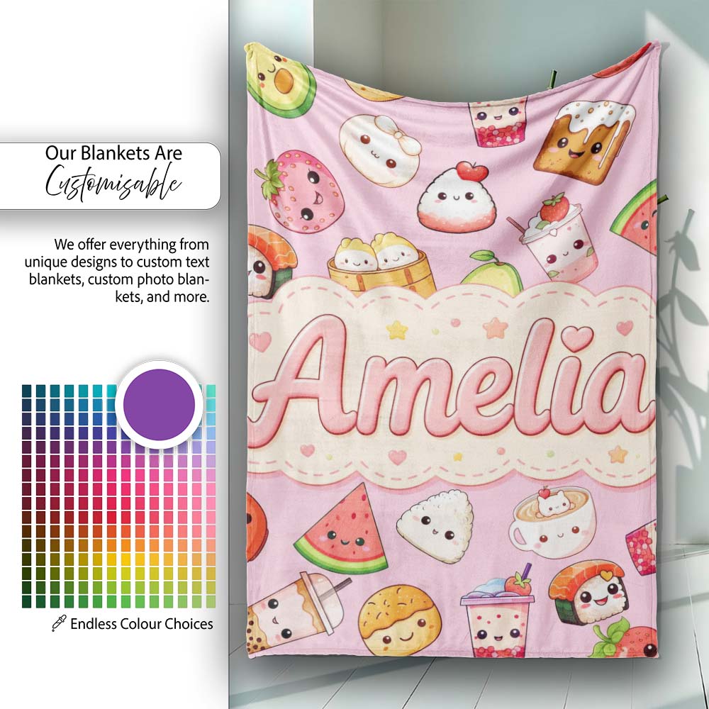 Kawaii Food Collection Sushi Fruit Drinks Soft Pink Cute Seamless  Personalised Custom Name Super Soft Fleece Blanket Bed Sofa Throw