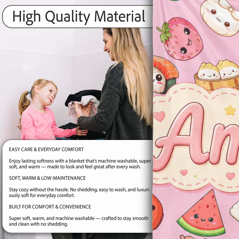 Kawaii Food Collection Sushi Fruit Drinks Soft Pink Cute Seamless  Personalised Custom Name Super Soft Fleece Blanket Bed Sofa Throw