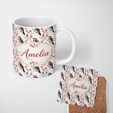 Personalized Custom Name Realistic Red Headed Woodpecker on Berry Branch Seamless Pattern 11oz Ceramic Coffee Tea Mug White Large Handle