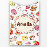 Kawaii Food Collection Cute Sushi Fruit Drinks Cartoon Seamless  Personalised Custom Name Super Soft Fleece Blanket Bed Sofa Throw