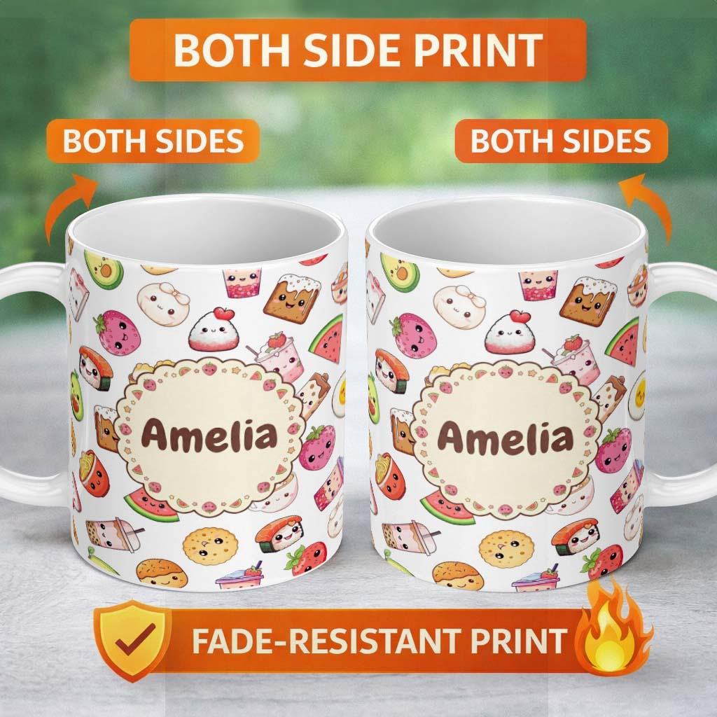 Personalized Custom Name Kawaii Food Collection Cute Sushi Fruit Drinks Cartoon Seamless 11oz Ceramic Coffee Tea Mug White Large Handle