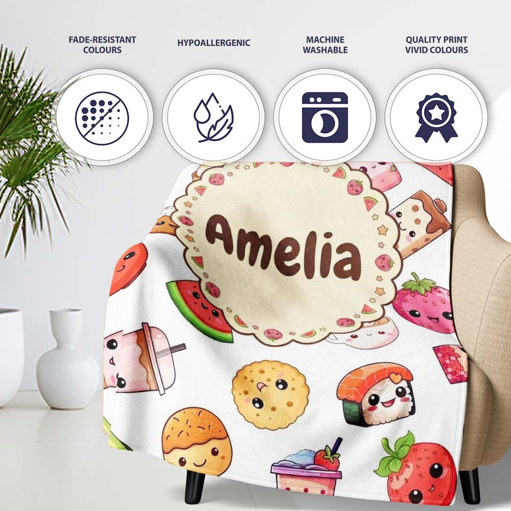 Kawaii Food Collection Cute Sushi Fruit Drinks Cartoon Seamless  Personalised Custom Name Super Soft Fleece Blanket Bed Sofa Throw