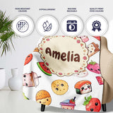 Kawaii Food Collection Cute Sushi Fruit Drinks Cartoon Seamless  Personalised Custom Name Super Soft Fleece Blanket Bed Sofa Throw