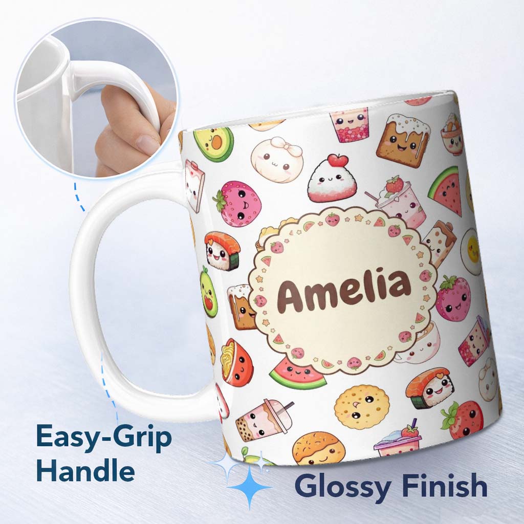 Personalized Custom Name Kawaii Food Collection Cute Sushi Fruit Drinks Cartoon Seamless 11oz Ceramic Coffee Tea Mug White Large Handle