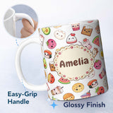 Personalized Custom Name Kawaii Food Collection Cute Sushi Fruit Drinks Cartoon Seamless 11oz Ceramic Coffee Tea Mug White Large Handle