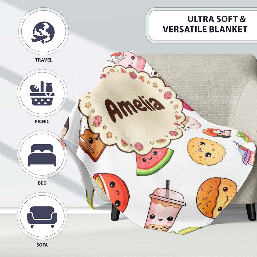 Kawaii Food Collection Cute Sushi Fruit Drinks Cartoon Seamless  Personalised Custom Name Super Soft Fleece Blanket Bed Sofa Throw