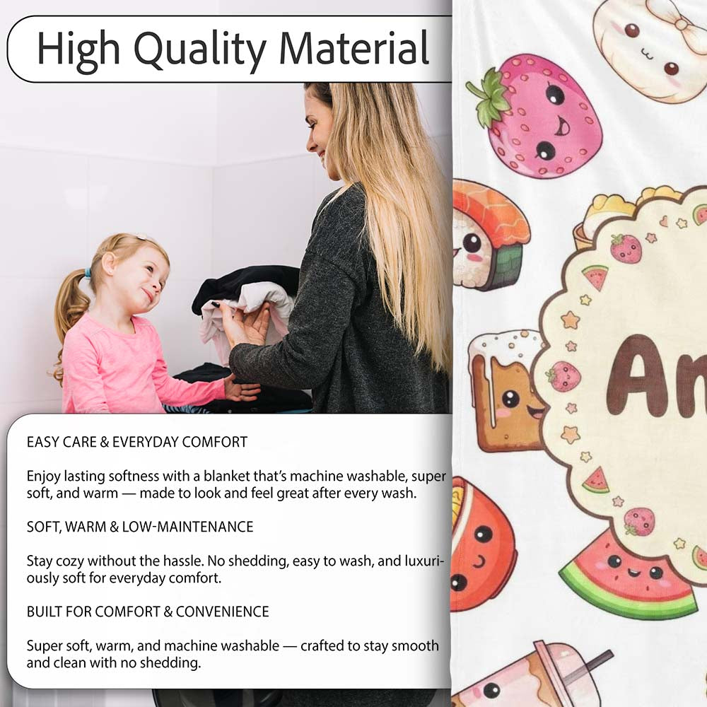 Kawaii Food Collection Cute Sushi Fruit Drinks Cartoon Seamless  Personalised Custom Name Super Soft Fleece Blanket Bed Sofa Throw