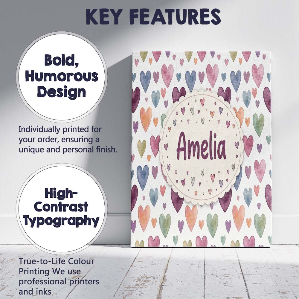 Personalised Name Watercolor Pastel Hearts Custom  Unique Gift Idea Elegant Feature Canvas Wall Art Print Decor Picture Ready to Hang