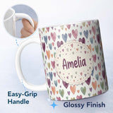 Personalized Custom Name Watercolor Pastel Hearts Love Pattern Soft Romantic Seamless Name 11oz Ceramic Coffee Tea Mug White Large Handle