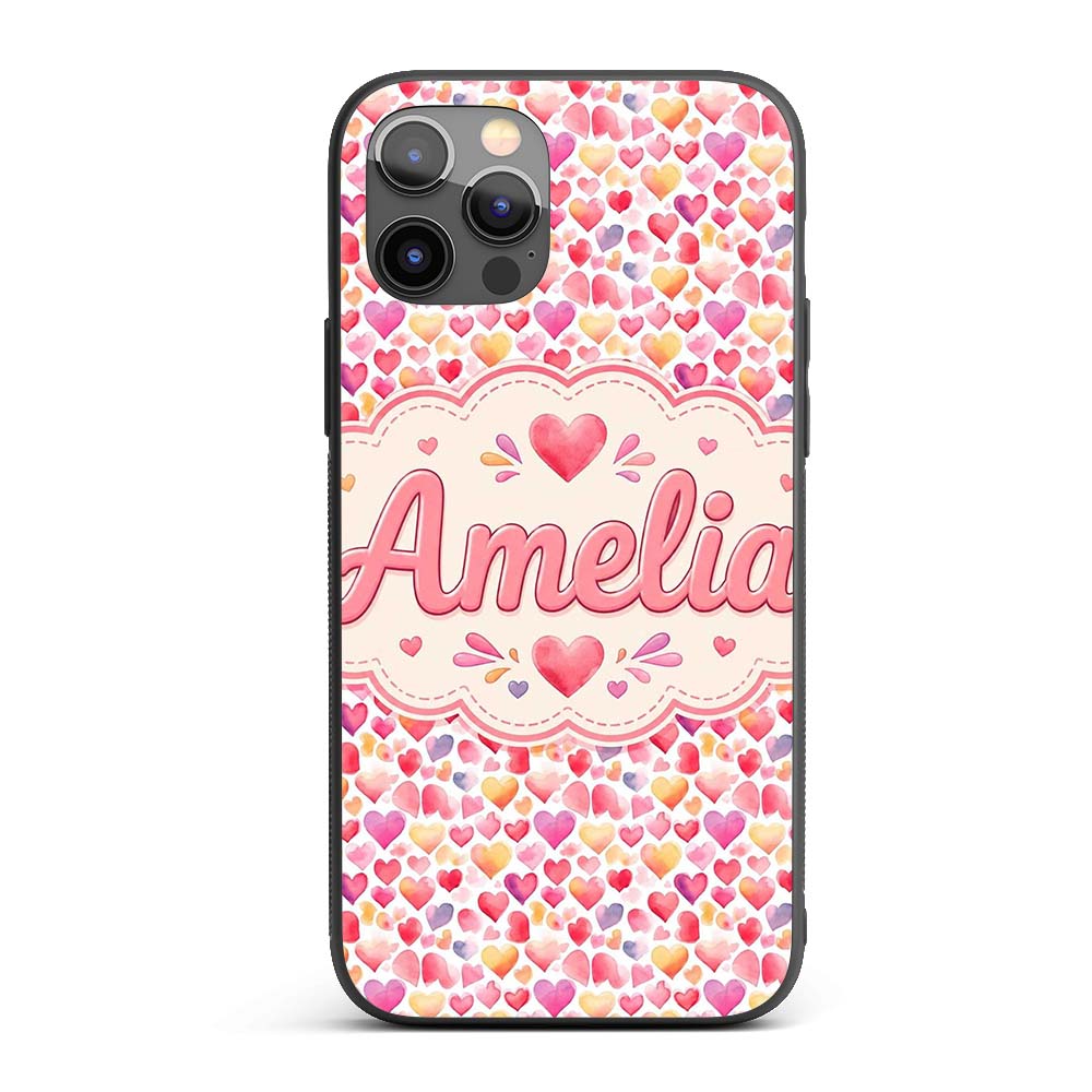 Watercolor Pink Red Hearts Love Romantic Seamless Custom Name Protective Phone Case Mobile Cover Durable Everyday Smartphone Shock Resistant