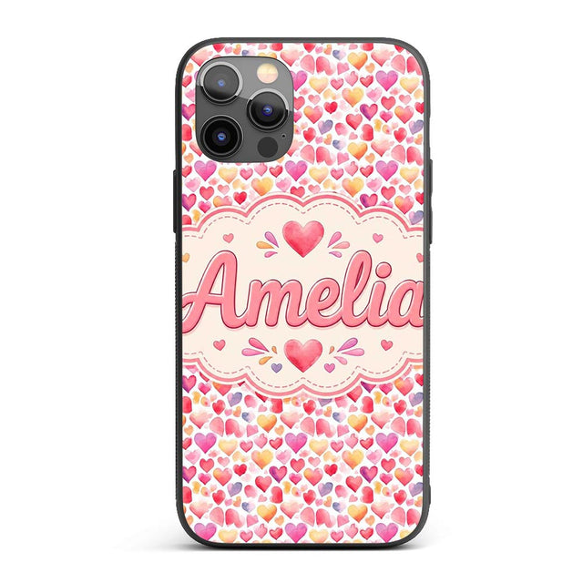 Watercolor Pink Red Hearts Love Romantic Seamless Custom Name Protective Phone Case Mobile Cover Durable Everyday Smartphone Shock Resistant