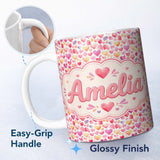 Personalized Custom Name Watercolor Pink Red Hearts Love Romantic Seamless Pattern Custom 11oz Ceramic Coffee Tea Mug White Large Handle