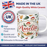 Personalized Custom Name Watercolor Christmas Leaves Santa Hat House Ornament Seamless Lovely 11oz Ceramic Coffee Tea Mug White Large Handle