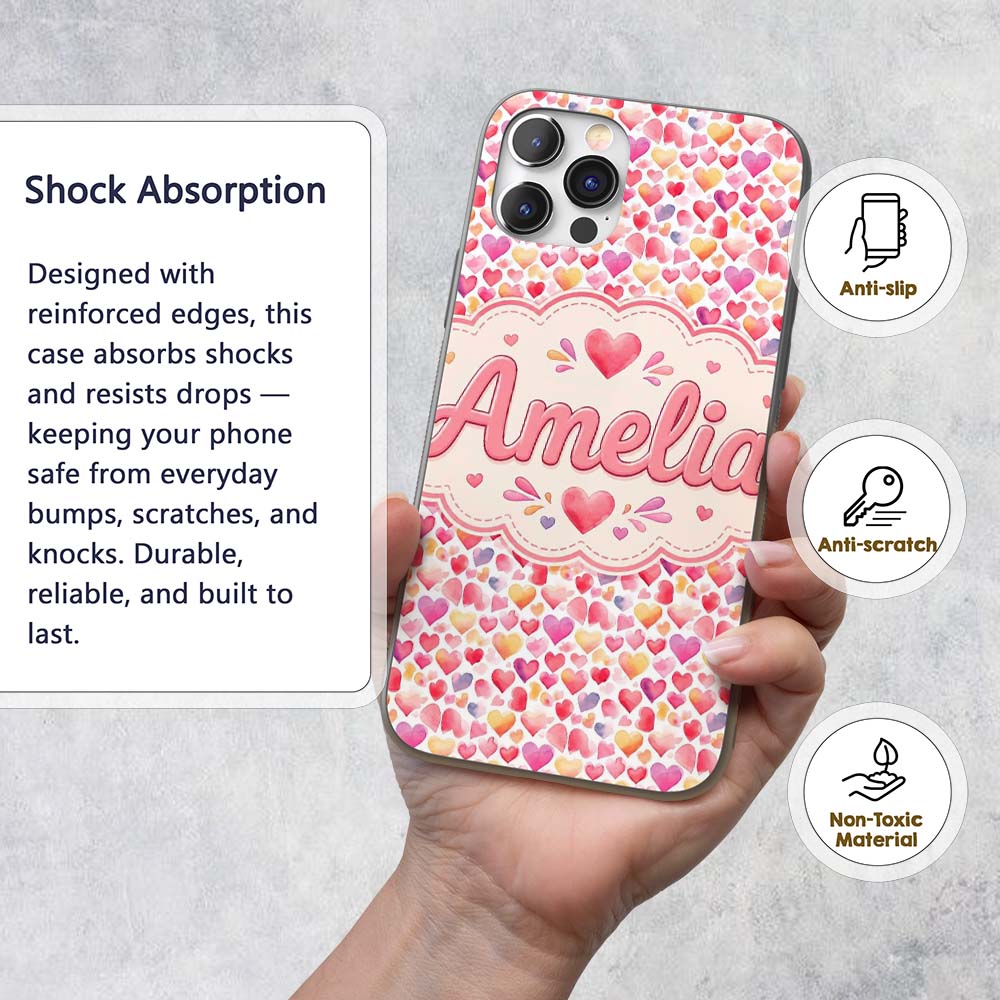 Watercolor Pink Red Hearts Love Romantic Seamless Custom Name Protective Phone Case Mobile Cover Durable Everyday Smartphone Shock Resistant