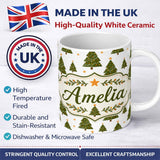 Personalized Custom Name Cute Christmas Trees with Golden Stars Minimal Holiday Seamless 11oz Ceramic Coffee Tea Mug White Large Handle