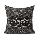 Custom Name Elegant Black White Swirl Hearts Decorative Seamless Square Filled Cushion Throw Pillow Sofa Bed Home Decor Zip Washable UK Made
