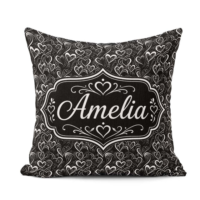 Custom Name Elegant Black White Swirl Hearts Decorative Seamless Square Filled Cushion Throw Pillow Sofa Bed Home Decor Zip Washable UK Made