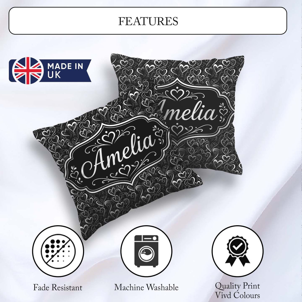 Custom Name Elegant Black White Swirl Hearts Decorative Seamless Square Filled Cushion Throw Pillow Sofa Bed Home Decor Zip Washable UK Made