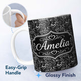 Personalized Custom Name Elegant Black White Swirl Hearts Decorative Seamless Pattern Name 11oz Ceramic Coffee Tea Mug White Large Handle