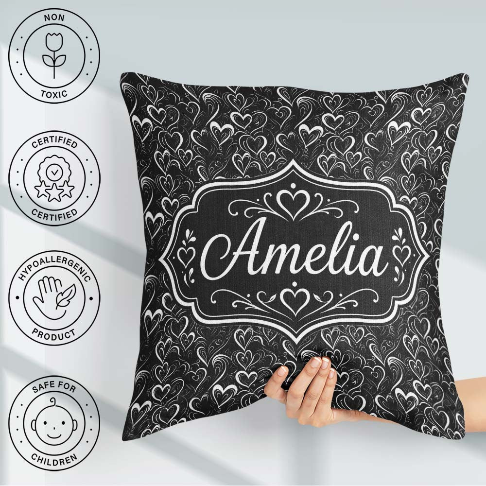 Custom Name Elegant Black White Swirl Hearts Decorative Seamless Square Filled Cushion Throw Pillow Sofa Bed Home Decor Zip Washable UK Made