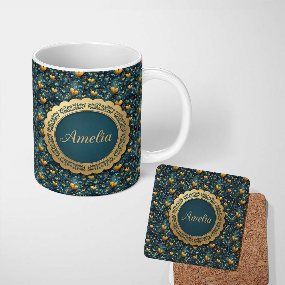 Personalized Custom Name Luxury Ornate Blue Gold Floral Hearts Seamless Pattern Name Cute 11oz Ceramic Coffee Tea Mug White Large Handle