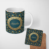 Personalized Custom Name Luxury Ornate Blue Gold Floral Hearts Seamless Pattern Name Cute 11oz Ceramic Coffee Tea Mug White Large Handle