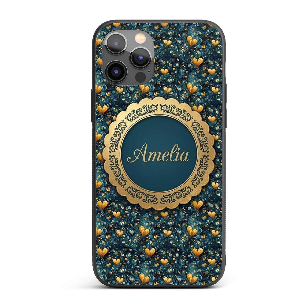 Luxury Ornate Blue Gold Floral Hearts Seamless Custom Name Protective Phone Case Mobile Cover Durable Everyday Smartphone Shock Resistant