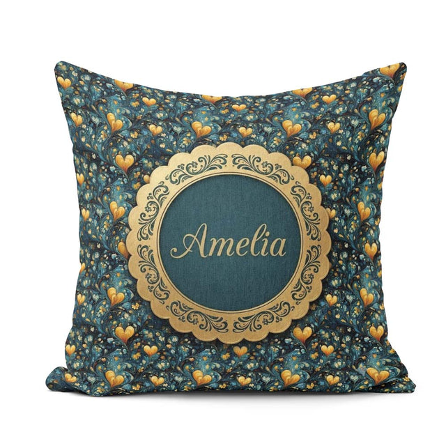Custom Name Luxury Ornate Blue Gold Floral Seamless Pattern Name Square Filled Cushion Throw Pillow Sofa Bed Home Decor Zip Washable UK Made