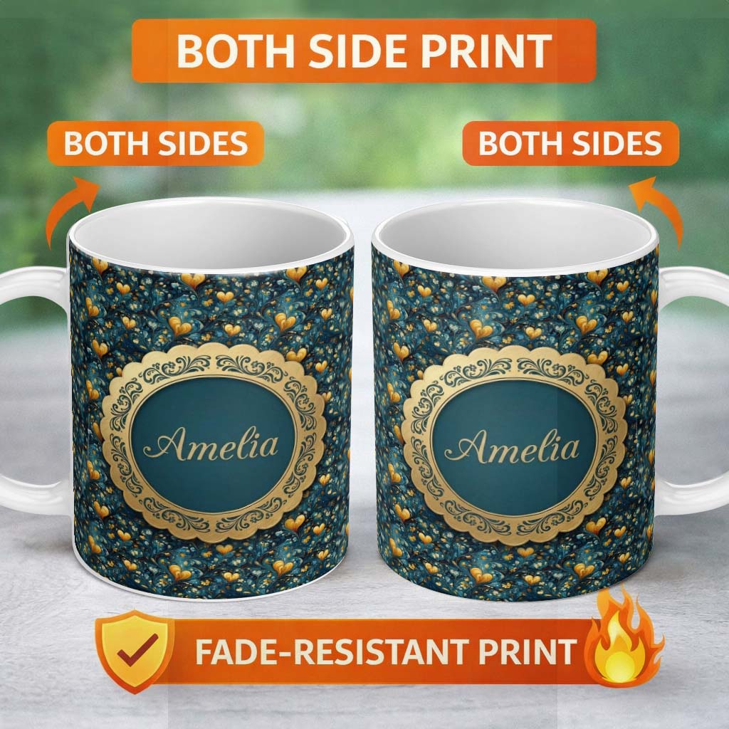 Personalized Custom Name Luxury Ornate Blue Gold Floral Hearts Seamless Pattern Name Cute 11oz Ceramic Coffee Tea Mug White Large Handle