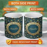 Personalized Custom Name Luxury Ornate Blue Gold Floral Hearts Seamless Pattern Name Cute 11oz Ceramic Coffee Tea Mug White Large Handle