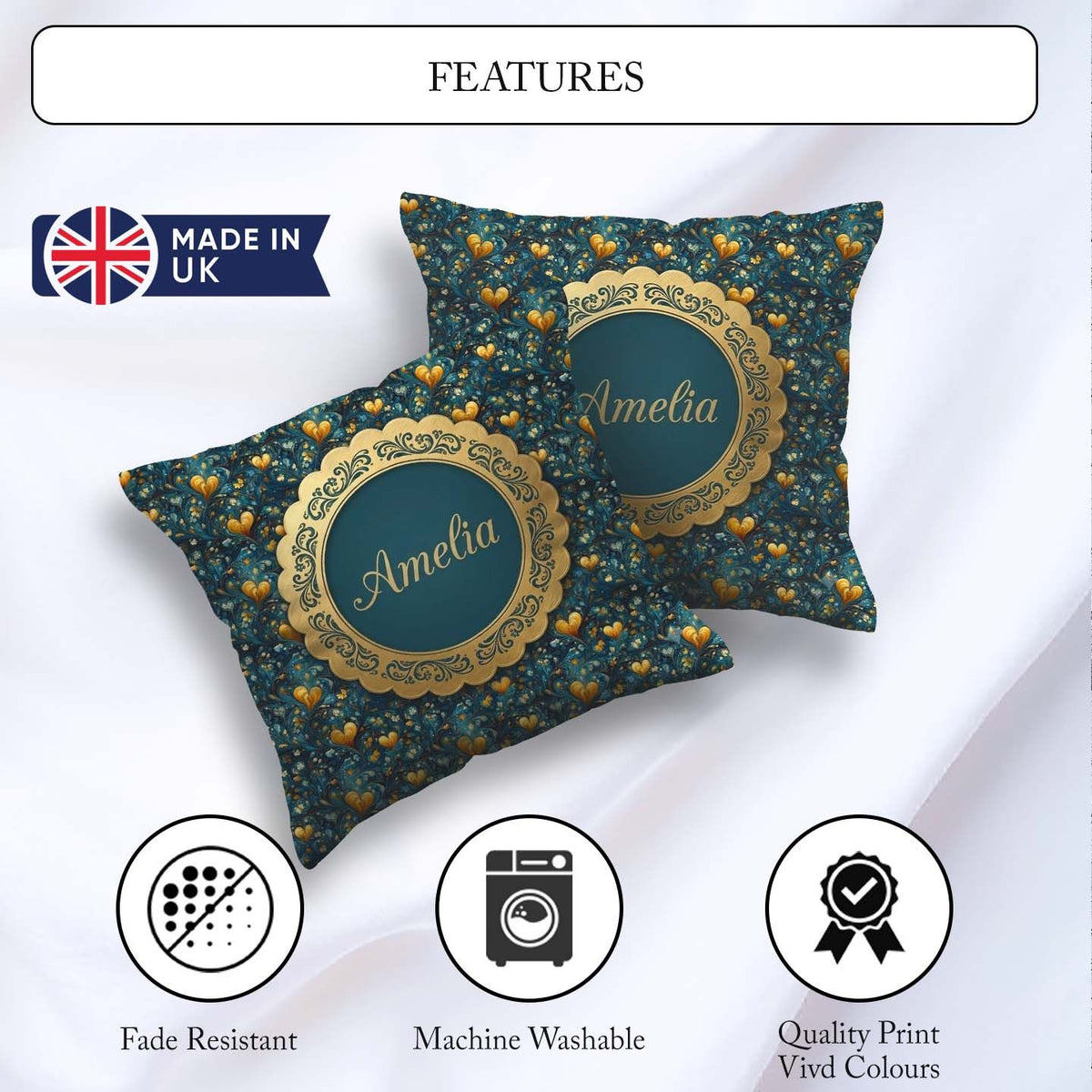 Custom Name Luxury Ornate Blue Gold Floral Seamless Pattern Name Square Filled Cushion Throw Pillow Sofa Bed Home Decor Zip Washable UK Made