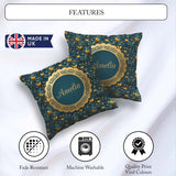 Custom Name Luxury Ornate Blue Gold Floral Seamless Pattern Name Square Filled Cushion Throw Pillow Sofa Bed Home Decor Zip Washable UK Made
