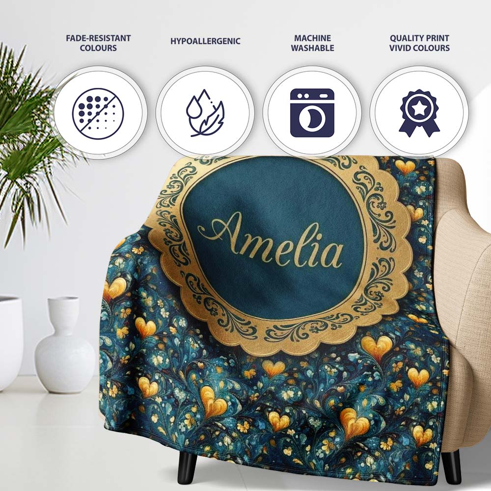 Luxury Ornate Blue Gold Floral Hearts Seamless Pattern Name Cute  Personalised Custom Name Super Soft Fleece Blanket Bed Sofa Throw