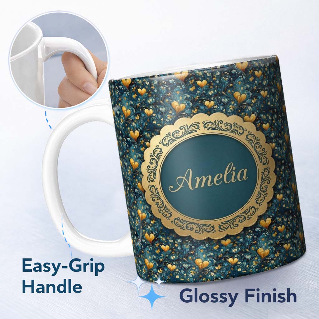Personalized Custom Name Luxury Ornate Blue Gold Floral Hearts Seamless Pattern Name Cute 11oz Ceramic Coffee Tea Mug White Large Handle