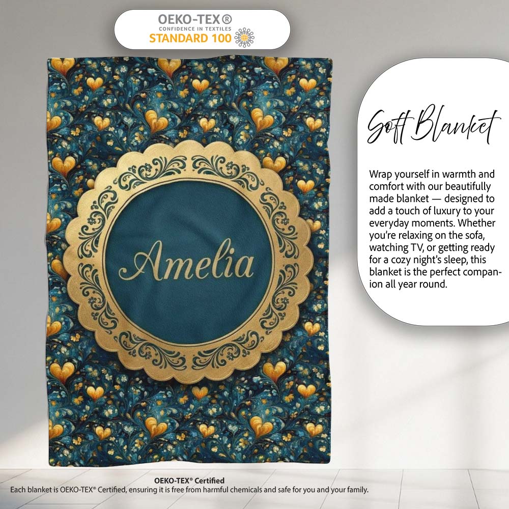 Luxury Ornate Blue Gold Floral Hearts Seamless Pattern Name Cute  Personalised Custom Name Super Soft Fleece Blanket Bed Sofa Throw