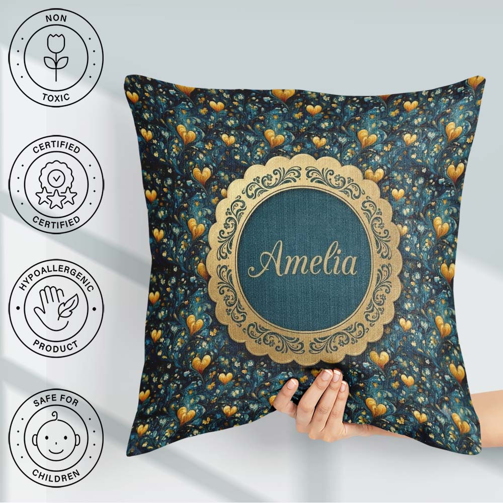 Custom Name Luxury Ornate Blue Gold Floral Seamless Pattern Name Square Filled Cushion Throw Pillow Sofa Bed Home Decor Zip Washable UK Made
