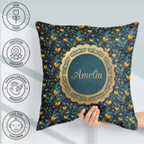 Custom Name Luxury Ornate Blue Gold Floral Seamless Pattern Name Square Filled Cushion Throw Pillow Sofa Bed Home Decor Zip Washable UK Made