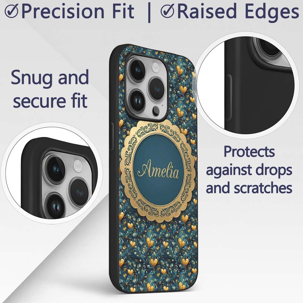 Luxury Ornate Blue Gold Floral Hearts Seamless Custom Name Protective Phone Case Mobile Cover Durable Everyday Smartphone Shock Resistant