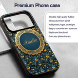 Luxury Ornate Blue Gold Floral Hearts Seamless Custom Name Protective Phone Case Mobile Cover Durable Everyday Smartphone Shock Resistant