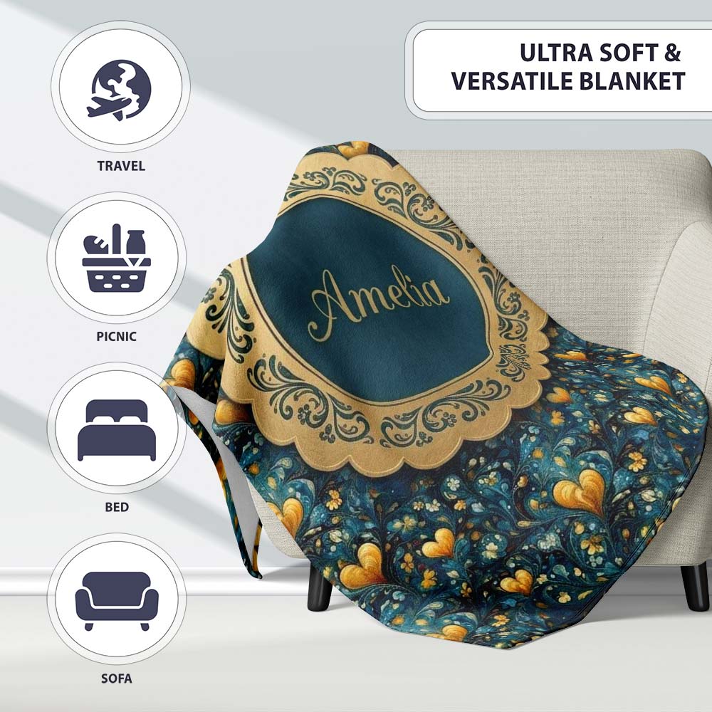 Luxury Ornate Blue Gold Floral Hearts Seamless Pattern Name Cute  Personalised Custom Name Super Soft Fleece Blanket Bed Sofa Throw