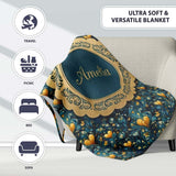 Luxury Ornate Blue Gold Floral Hearts Seamless Pattern Name Cute  Personalised Custom Name Super Soft Fleece Blanket Bed Sofa Throw