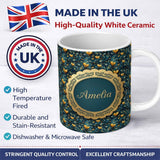 Personalized Custom Name Luxury Ornate Blue Gold Floral Hearts Seamless Pattern Name Cute 11oz Ceramic Coffee Tea Mug White Large Handle