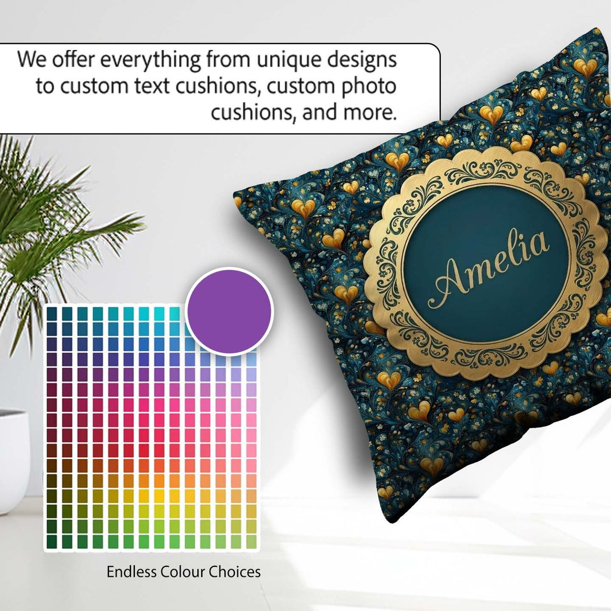 Custom Name Luxury Ornate Blue Gold Floral Seamless Pattern Name Square Filled Cushion Throw Pillow Sofa Bed Home Decor Zip Washable UK Made