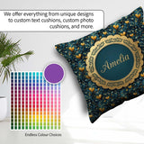 Custom Name Luxury Ornate Blue Gold Floral Seamless Pattern Name Square Filled Cushion Throw Pillow Sofa Bed Home Decor Zip Washable UK Made