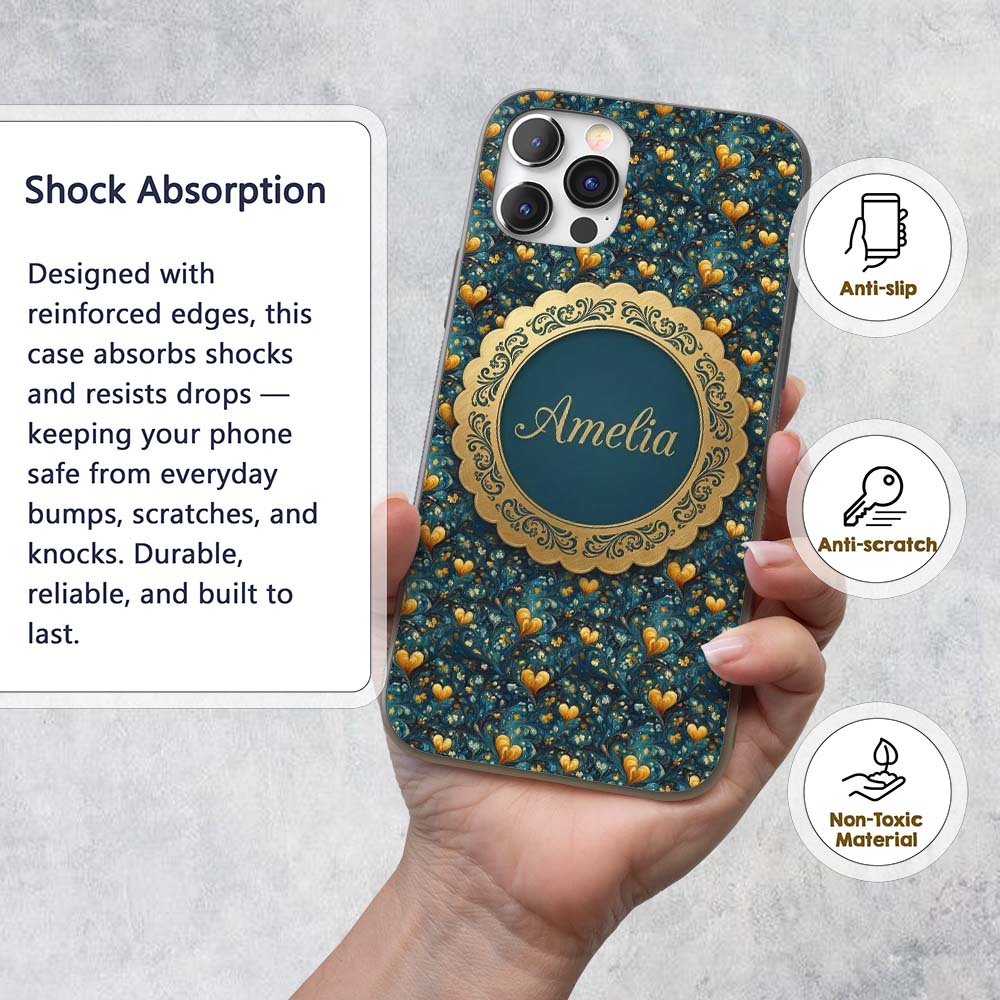 Luxury Ornate Blue Gold Floral Hearts Seamless Custom Name Protective Phone Case Mobile Cover Durable Everyday Smartphone Shock Resistant
