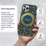 Luxury Ornate Blue Gold Floral Hearts Seamless Custom Name Protective Phone Case Mobile Cover Durable Everyday Smartphone Shock Resistant