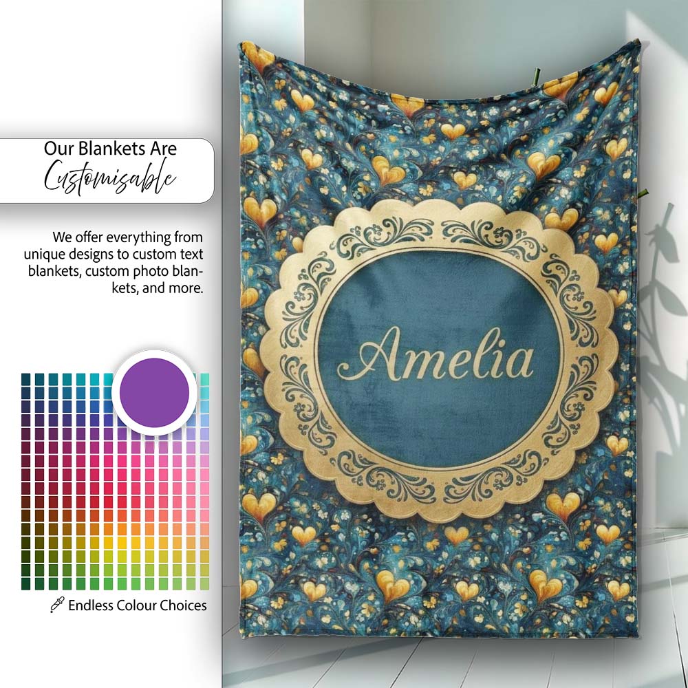 Luxury Ornate Blue Gold Floral Hearts Seamless Pattern Name Cute  Personalised Custom Name Super Soft Fleece Blanket Bed Sofa Throw