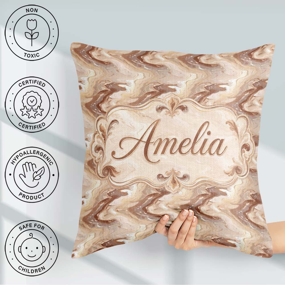 Custom Name Beige Marble Fluid Abstract Swirl Seamless Name Cute Square Filled Cushion Throw Pillow Sofa Bed Home Decor Zip Washable UK Made
