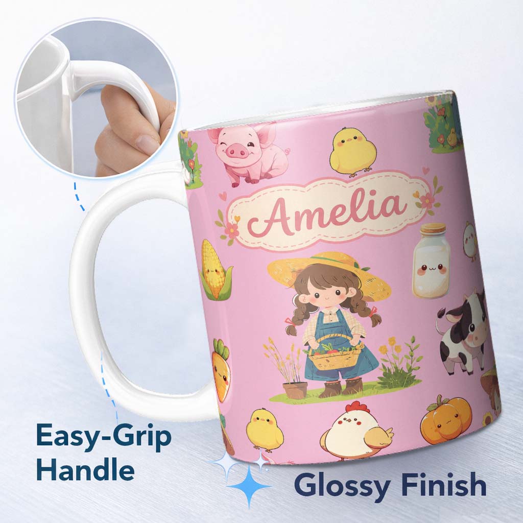 Personalized Custom Name Cute Farm Girl Pig Cow Chicken Corn Milk Pink Background Seamless 11oz Ceramic Coffee Tea Mug White Large Handle