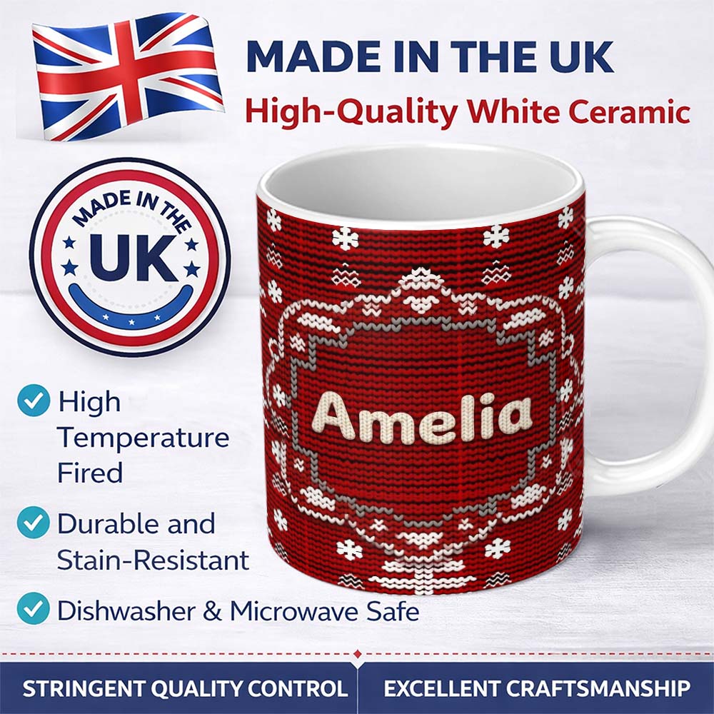 Personalized Custom Name Traditional Red White Christmas Tree Knit Seamless Pattern Lovely 11oz Ceramic Coffee Tea Mug White Large Handle